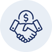Icon illustrating shaking hands, cash flow, and partnerships.